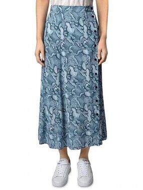 Zadig & Voltaire June Wild Blue Snake Print Silk Midi Skirt Size EU 36